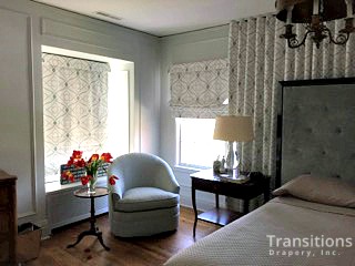 Drapes Large wall shades and bedding corner view close