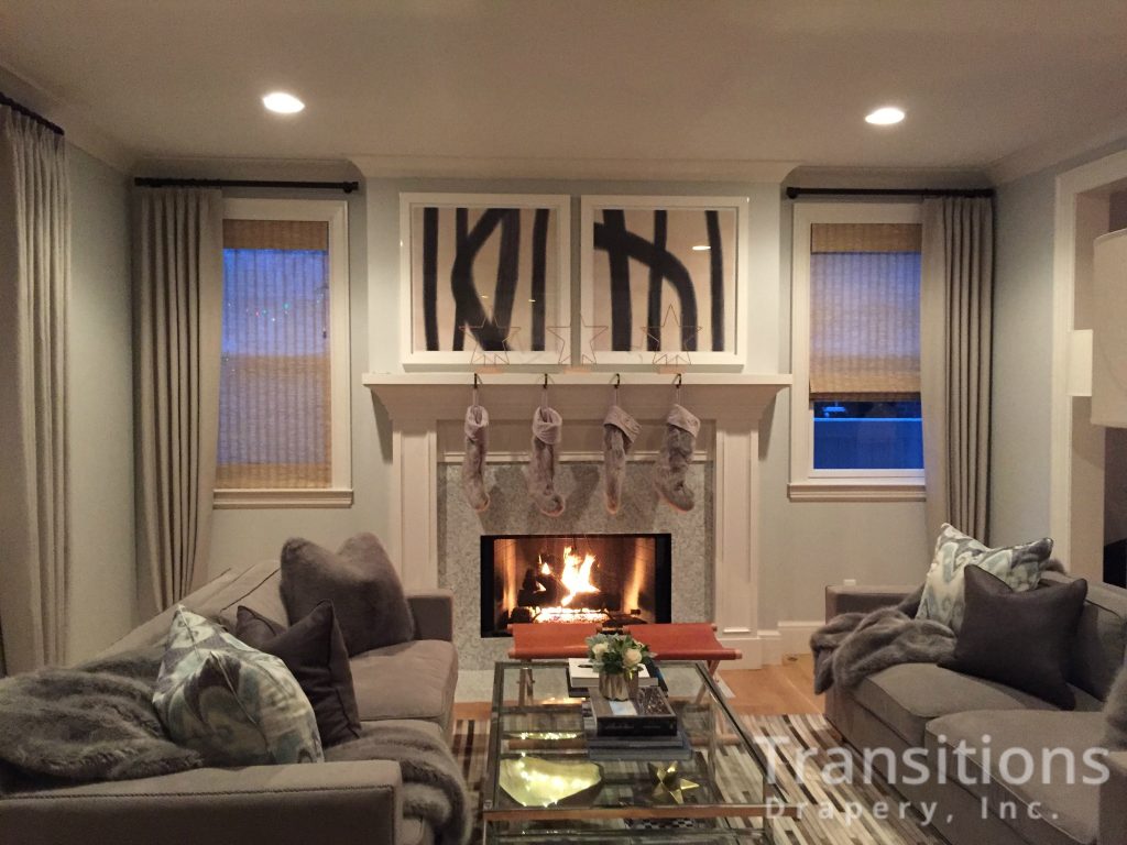 Nuetral Living Room Drapes Shade Fireplace