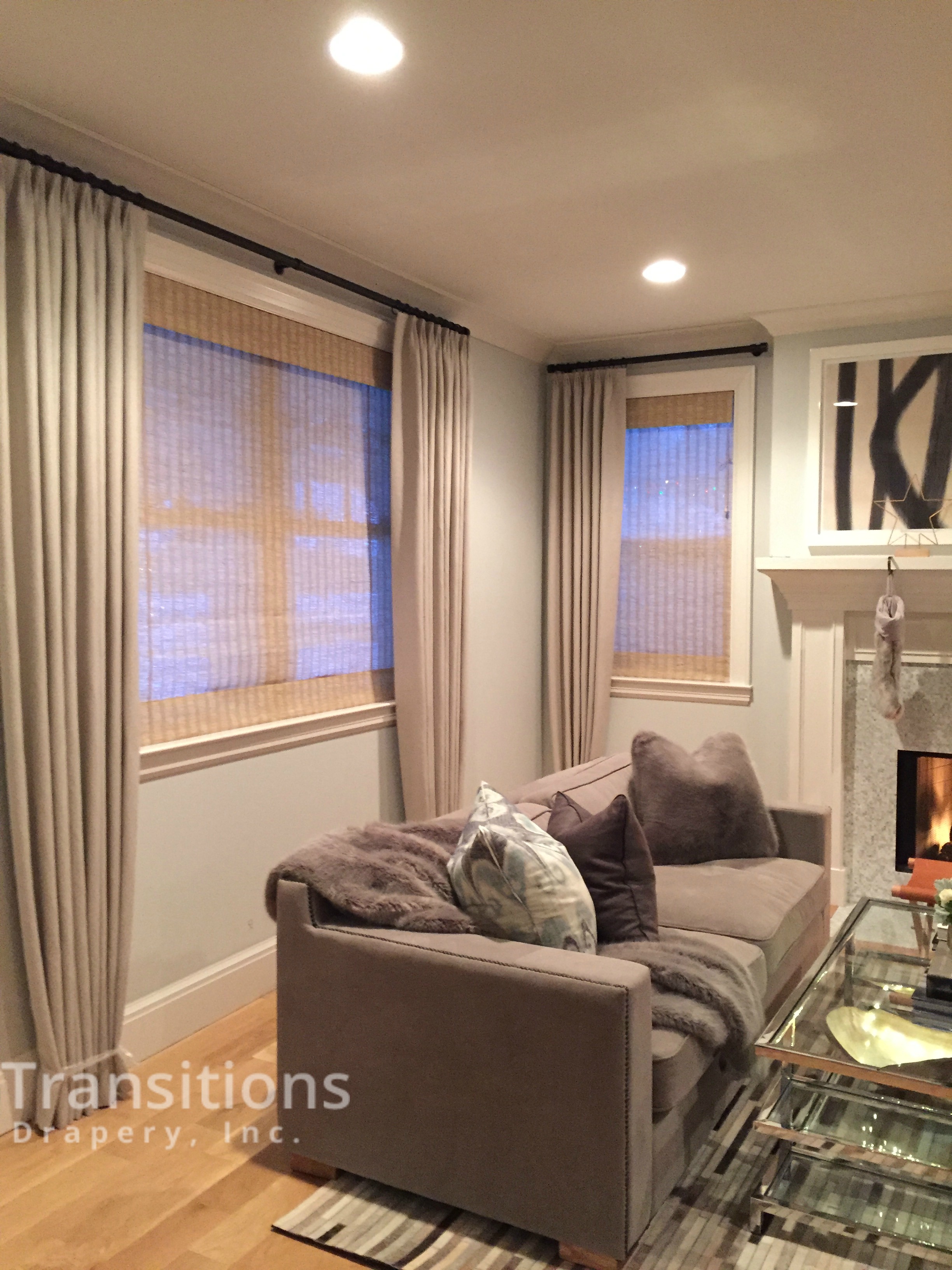 Nuetral Living Room Side view drapes and shades