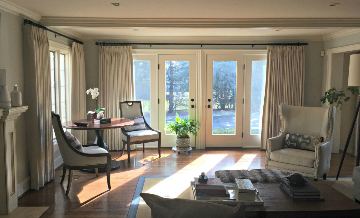 Draperies with sliding glass door